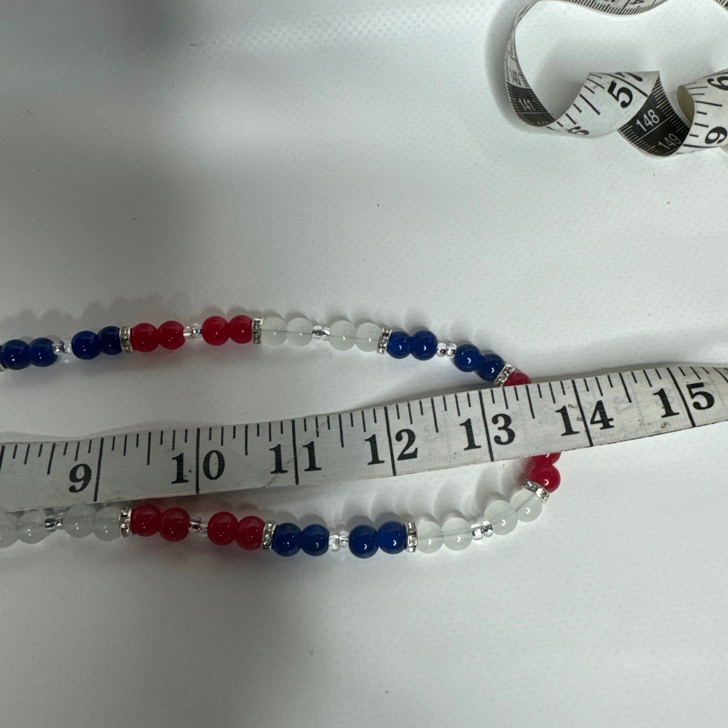 27” Eyeglass Chain Bracelet Earring Set Red White Blue Glass Beads Handmade