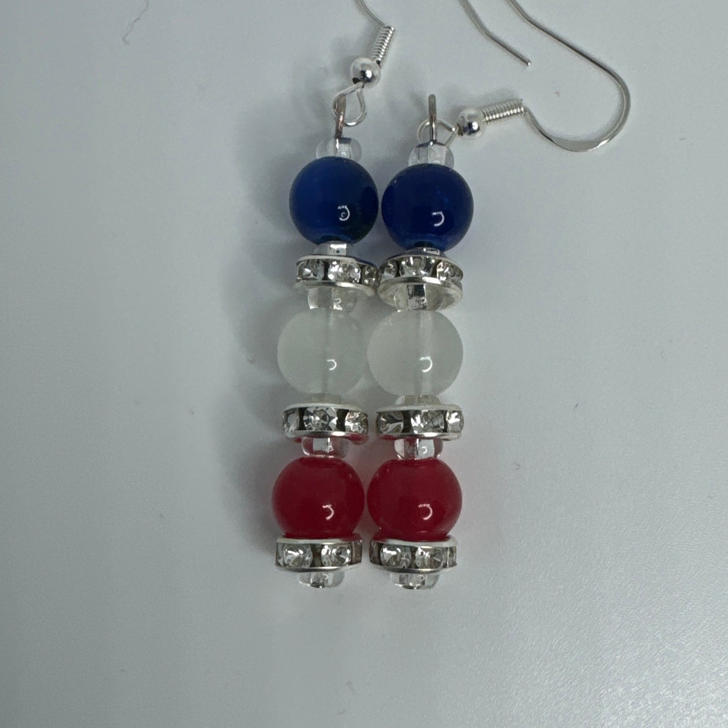 27” Eyeglass Chain Bracelet Earring Set Red White Blue Glass Beads Handmade