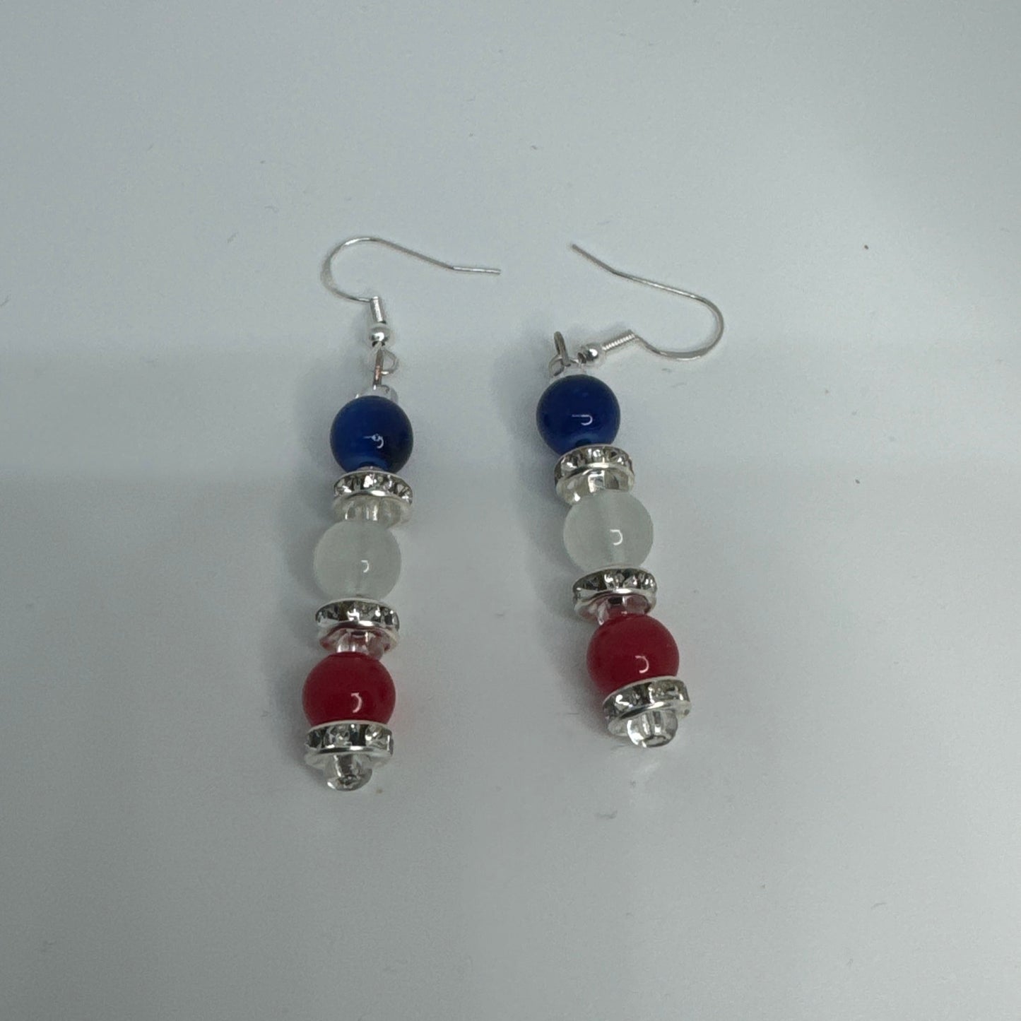 27” Eyeglass Chain Bracelet Earring Set Red White Blue Glass Beads Handmade