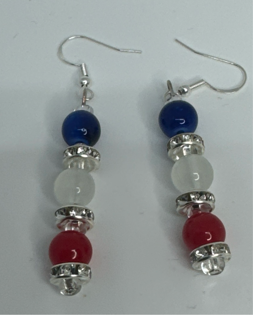 27” Eyeglass Chain Bracelet Earring Set Red White Blue Glass Beads Handmade
