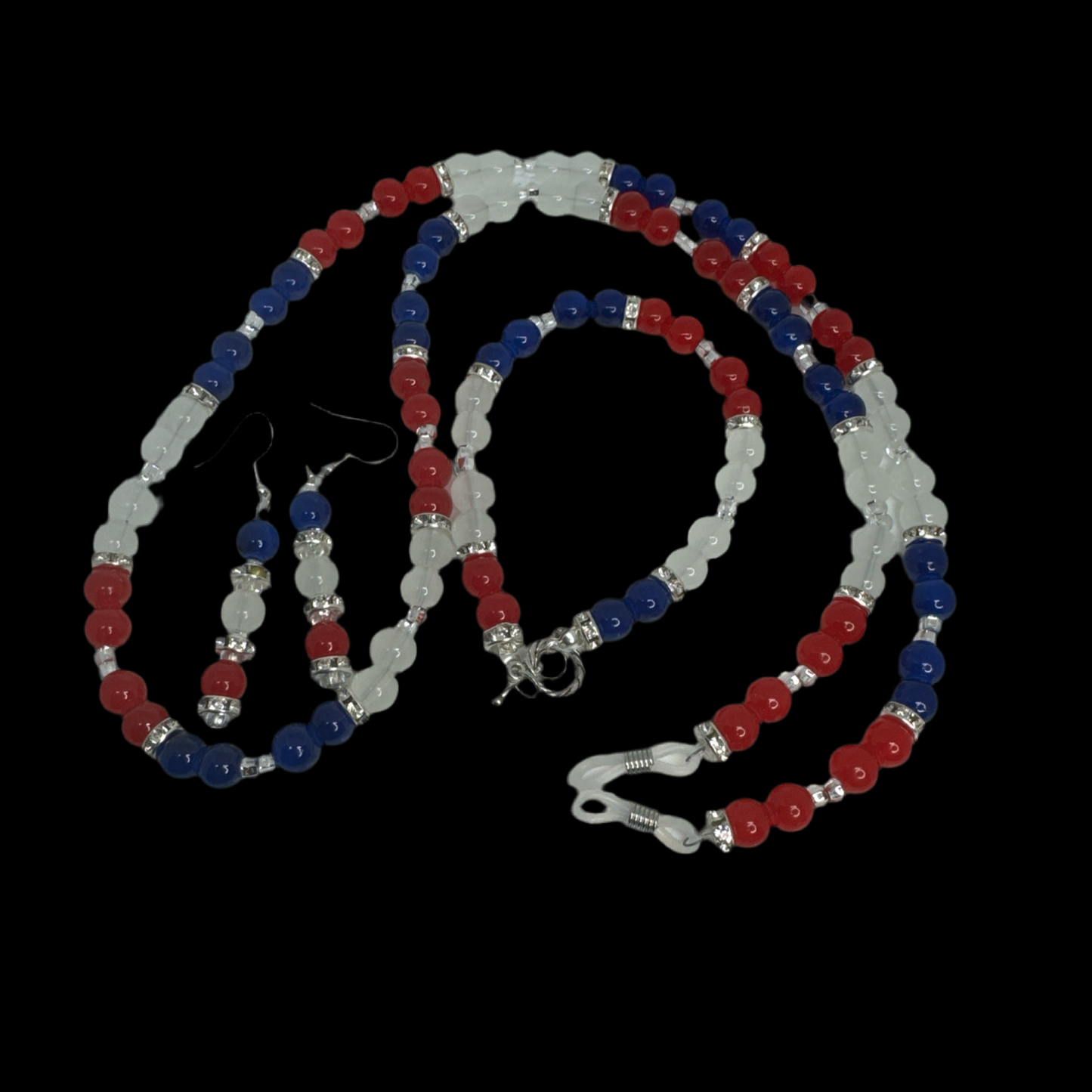27” Eyeglass Chain Bracelet Earring Set Red White Blue Glass Beads Handmade
