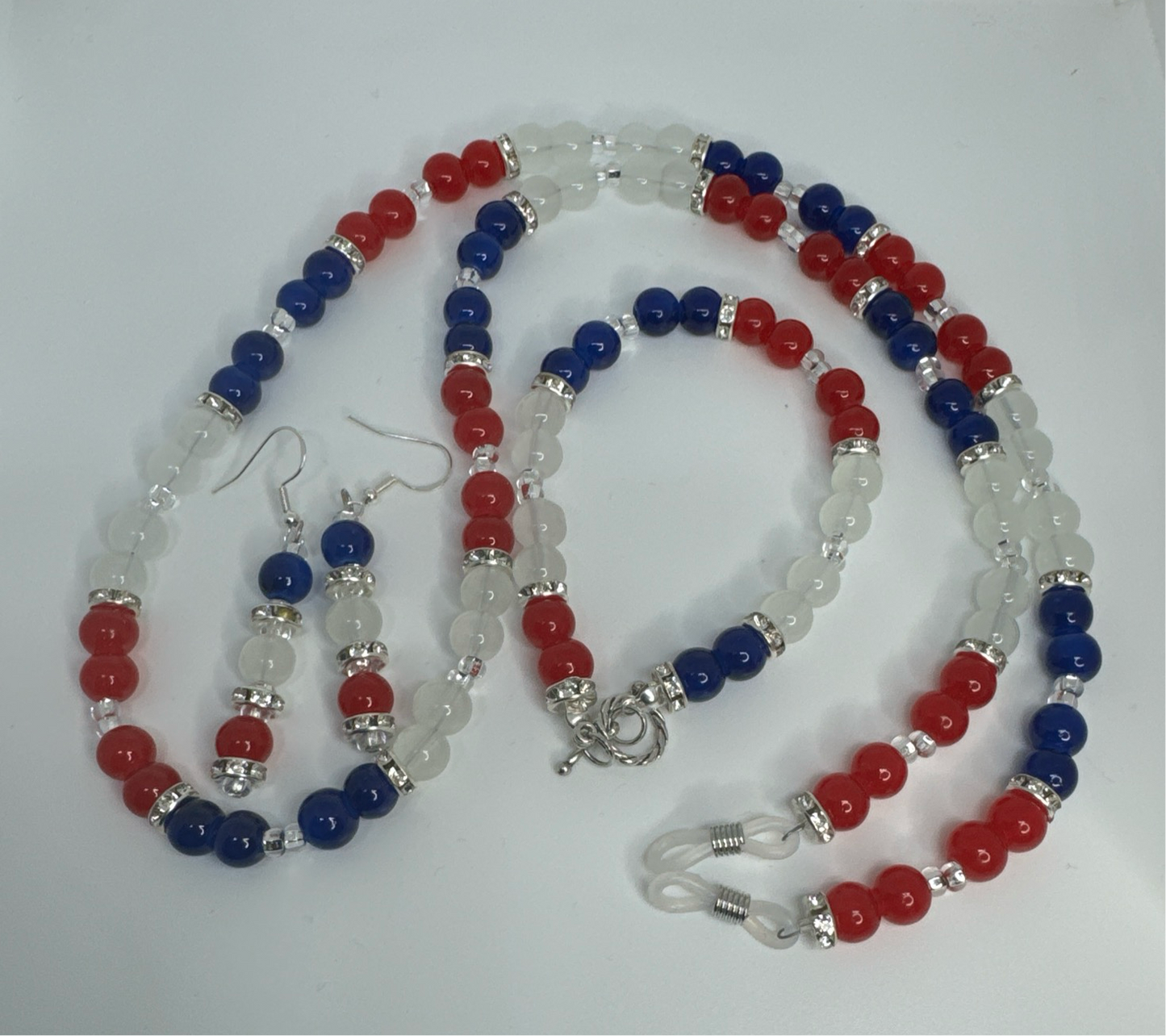 27” Eyeglass Chain Bracelet Earring Set Red White Blue Glass Beads Handmade