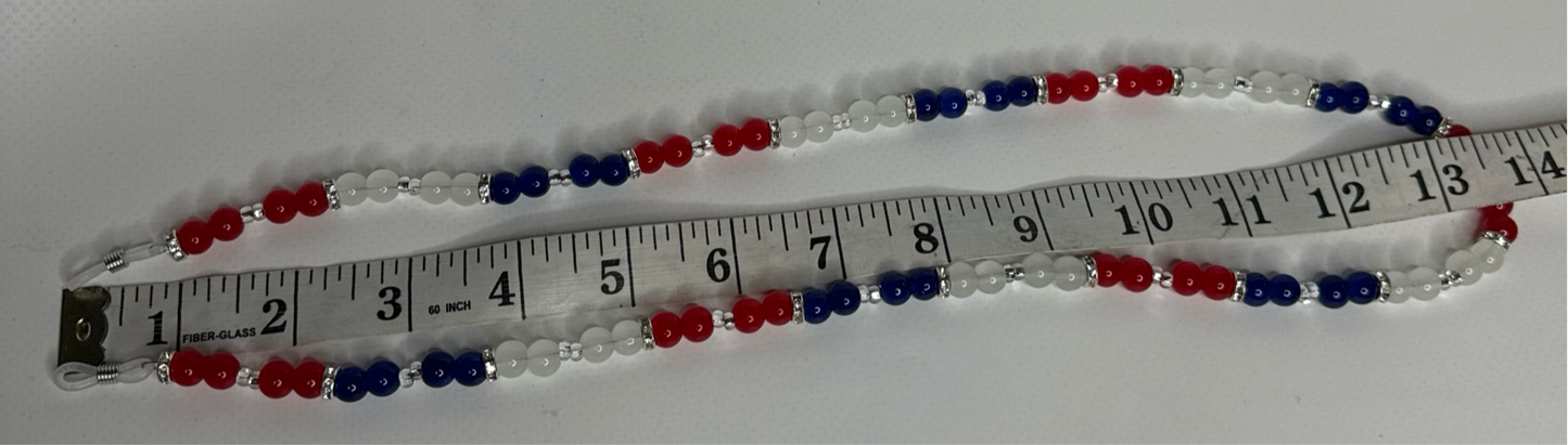27” Eyeglass Chain Bracelet Earring Set Red White Blue Glass Beads Handmade