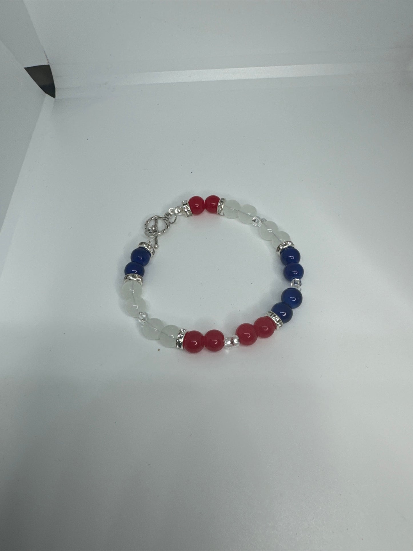 27” Eyeglass Chain Bracelet Earring Set Red White Blue Glass Beads Handmade