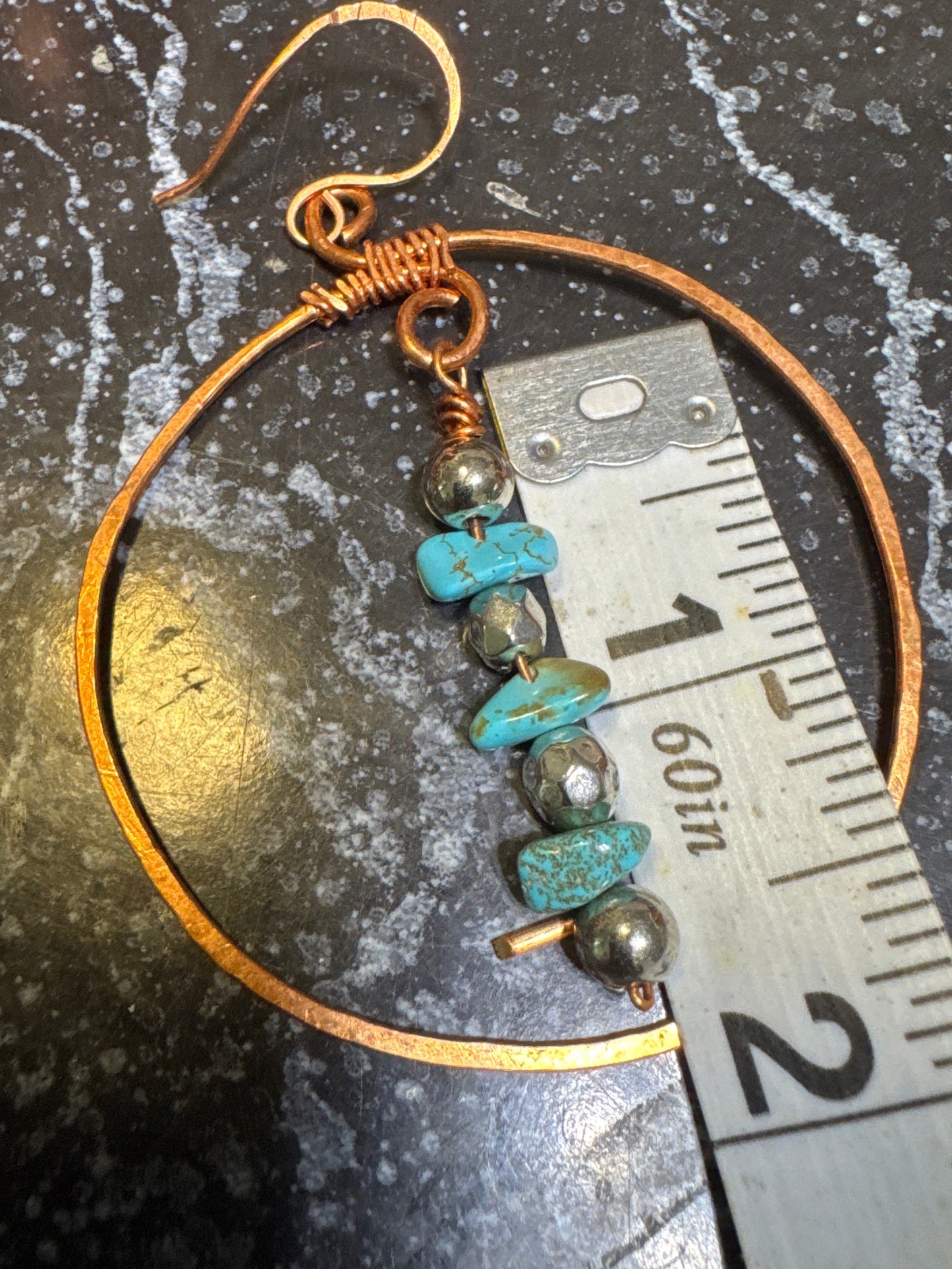 Hammered Copper Earrings with Turquoise Chips and Silver Sphere Accents