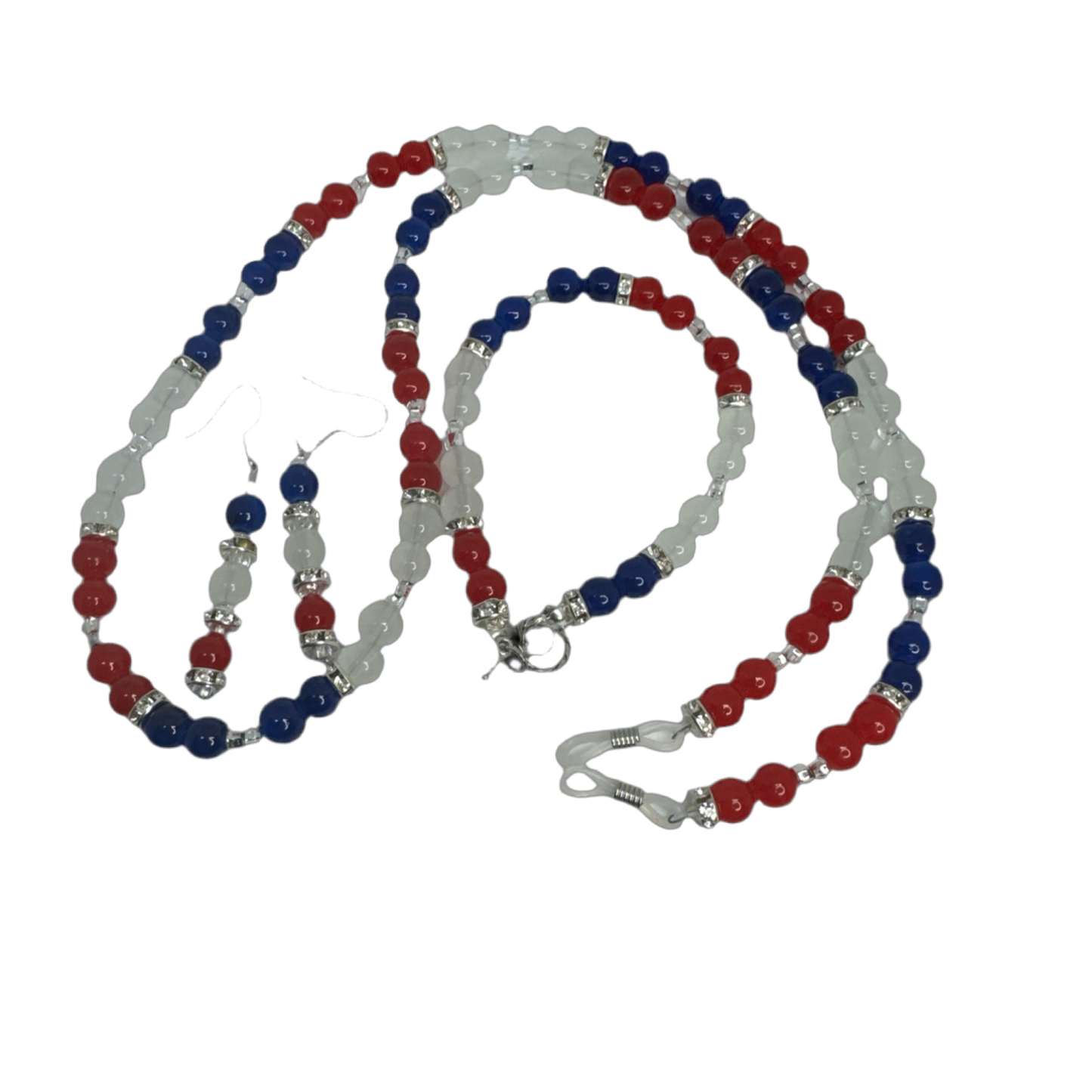 27” Eyeglass Chain Bracelet Earring Set Red White Blue Glass Beads Handmade