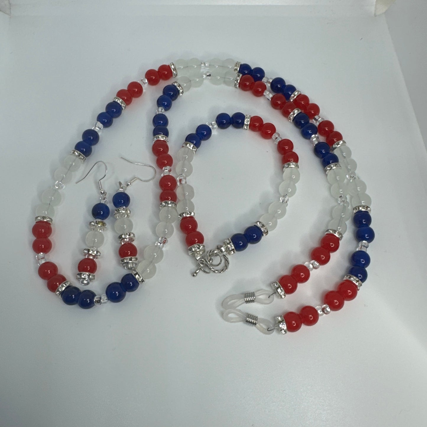 27” Eyeglass Chain Bracelet Earring Set Red White Blue Glass Beads Handmade