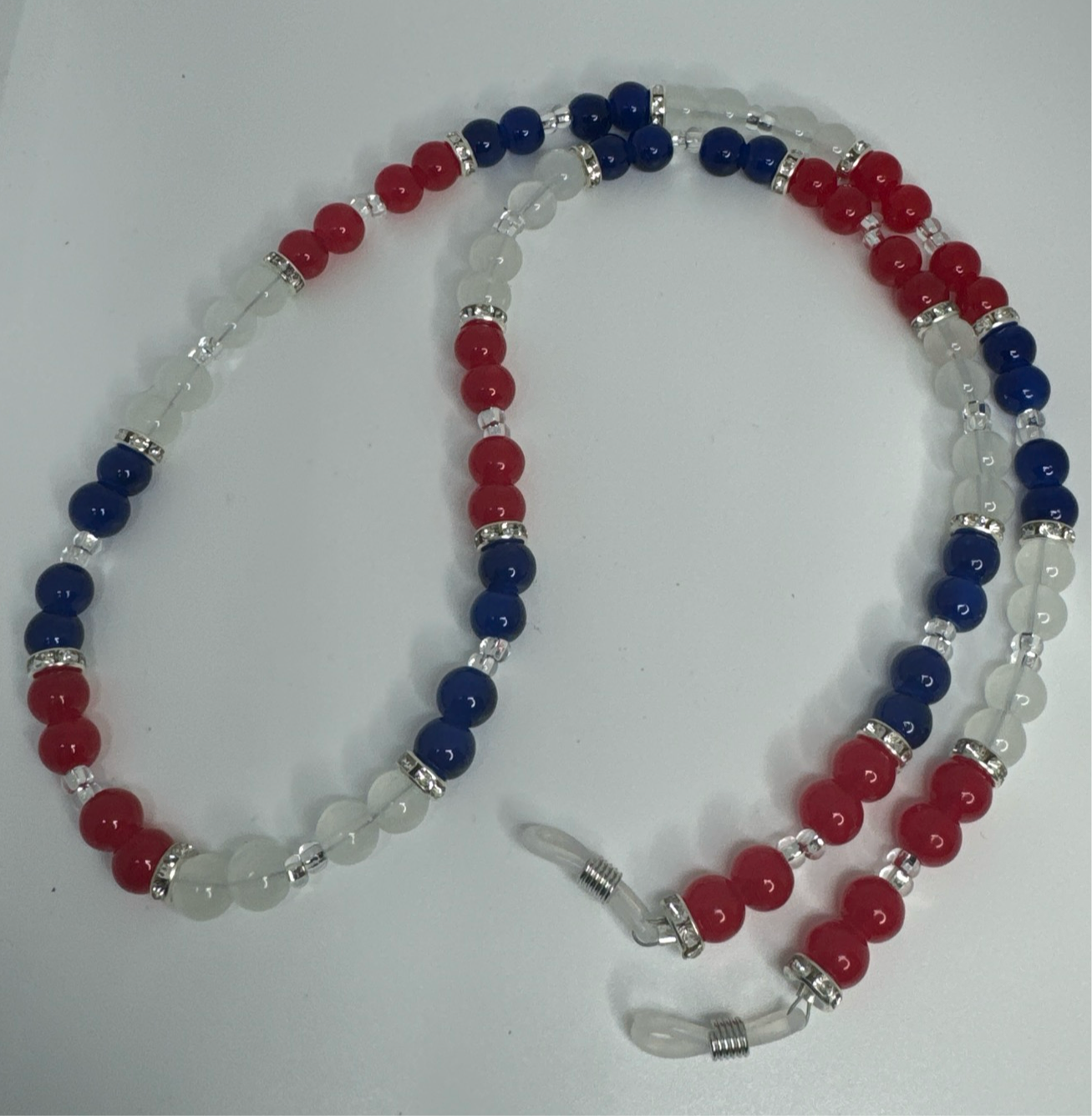 27” Eyeglass Chain Bracelet Earring Set Red White Blue Glass Beads Handmade