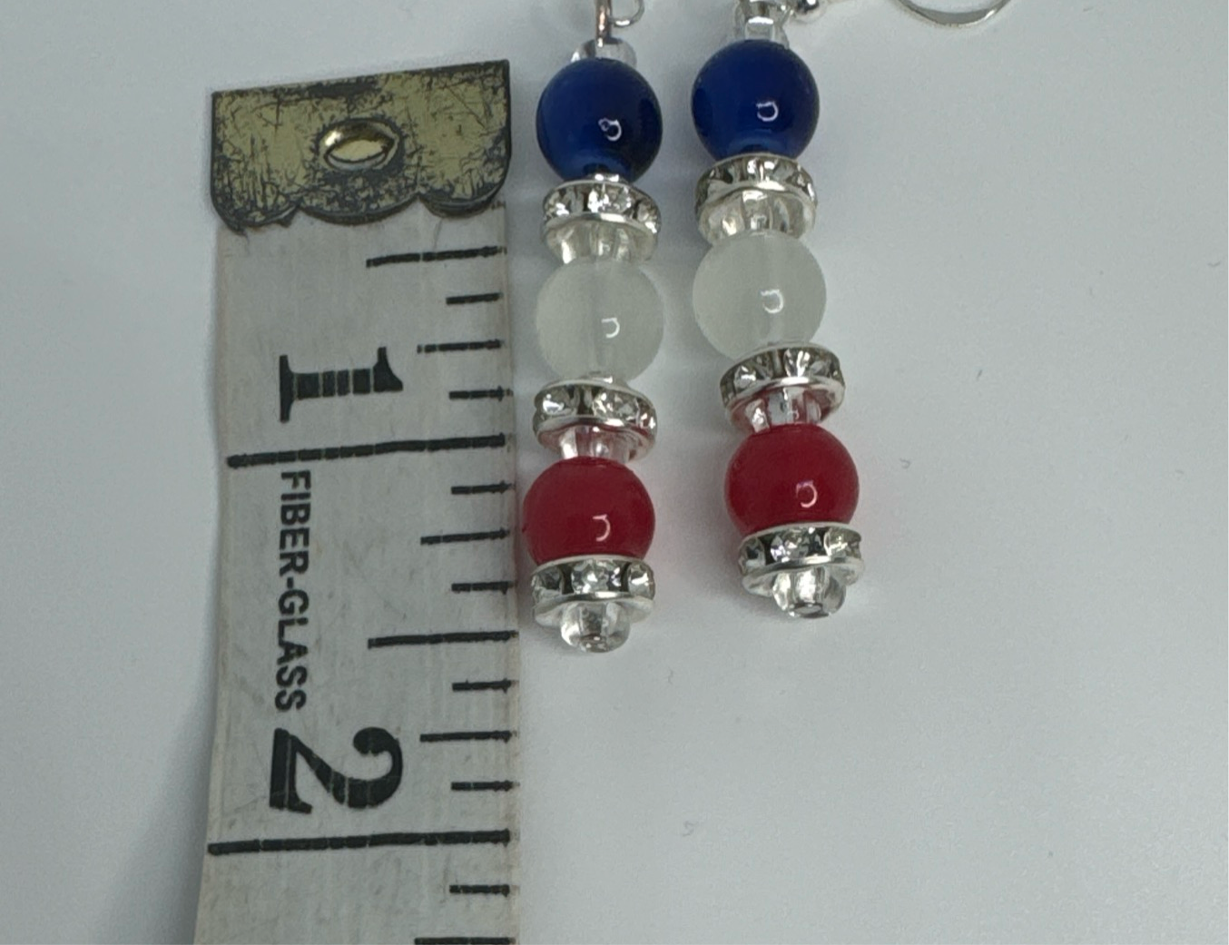 27” Eyeglass Chain Bracelet Earring Set Red White Blue Glass Beads Handmade