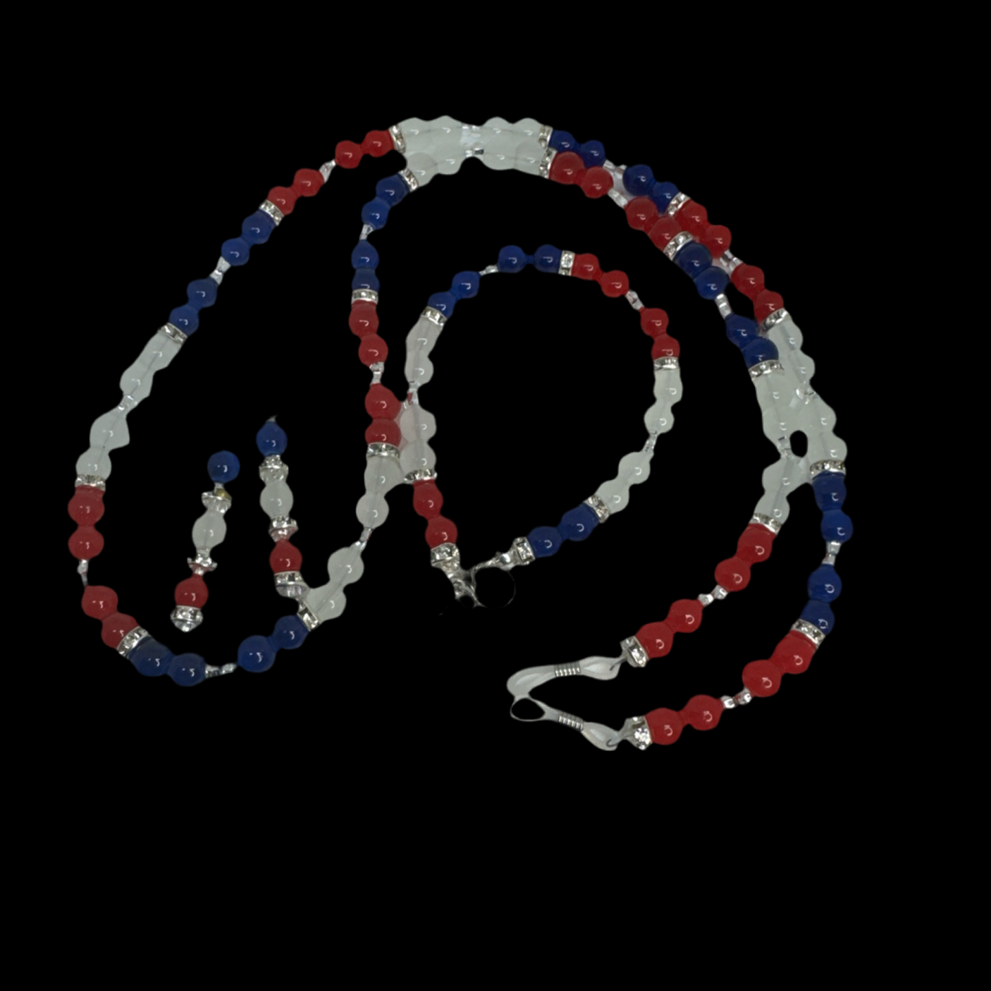 27” Eyeglass Chain Bracelet Earring Set Red White Blue Glass Beads Handmade