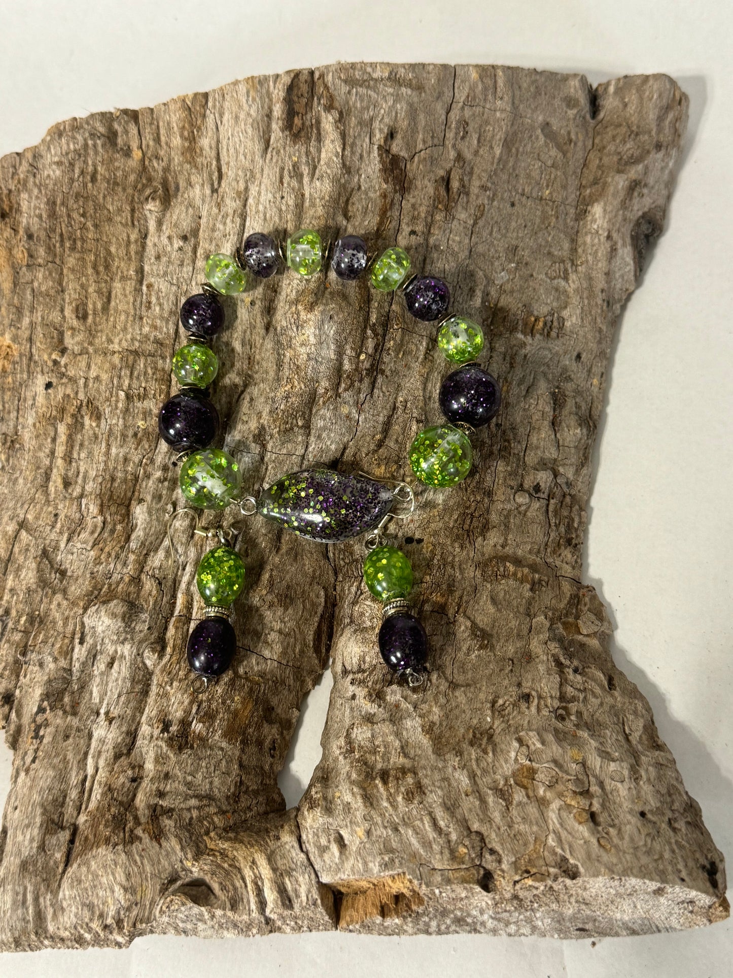 Purple and Green Resin and Glitter Bracelet and Dangle Earring Set