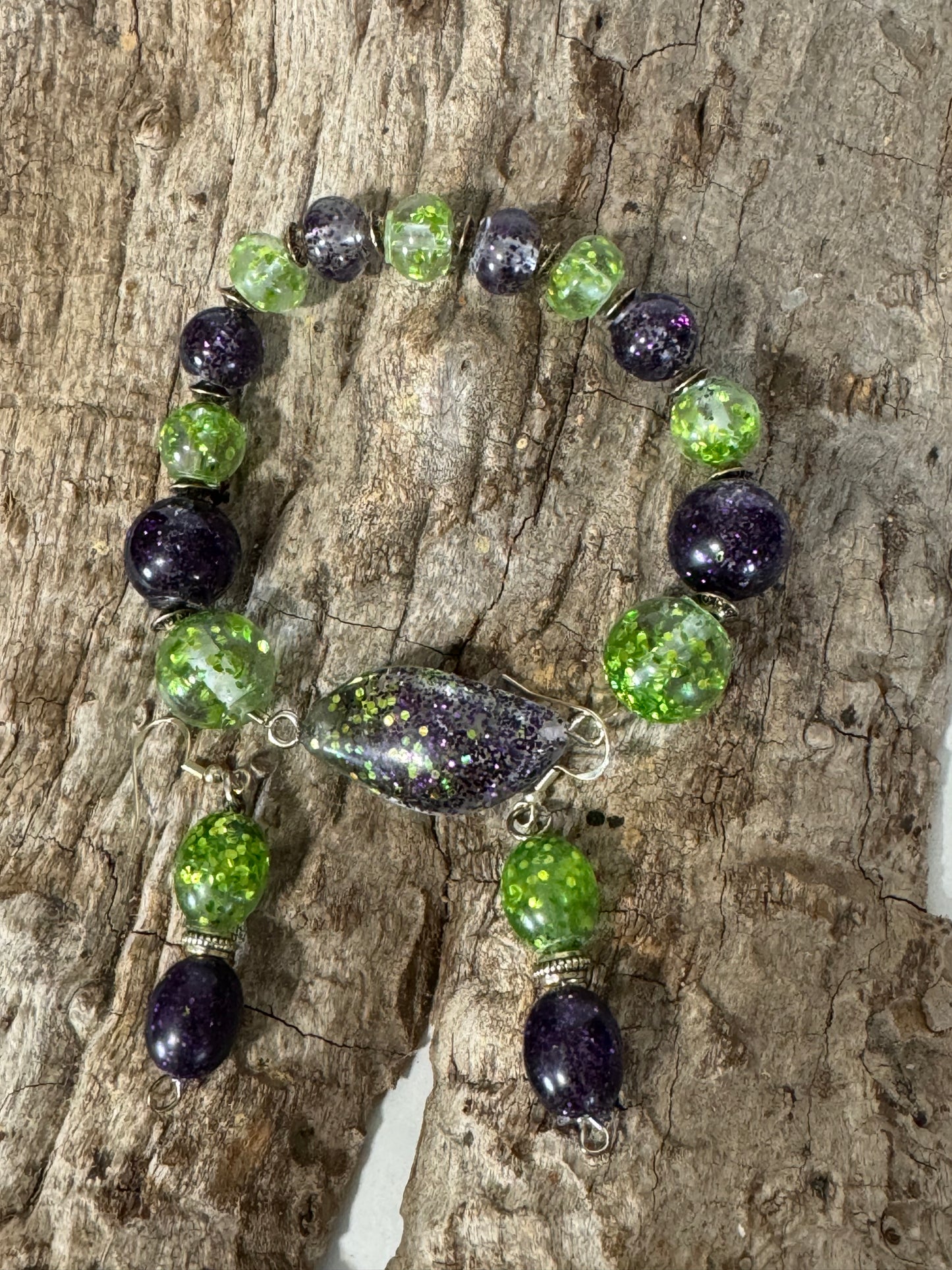 Purple and Green Resin and Glitter Bracelet and Dangle Earring Set