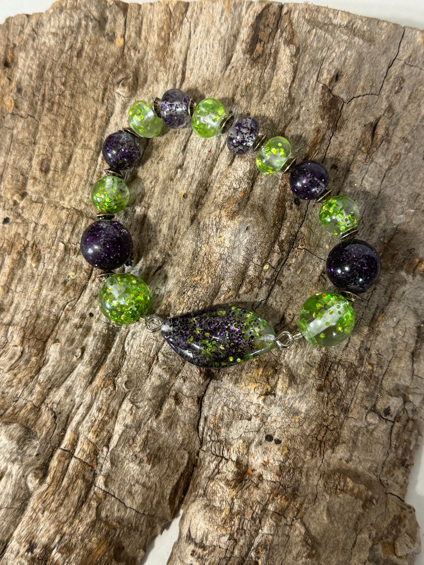 Purple and Green Resin and Glitter Bracelet and Dangle Earring Set