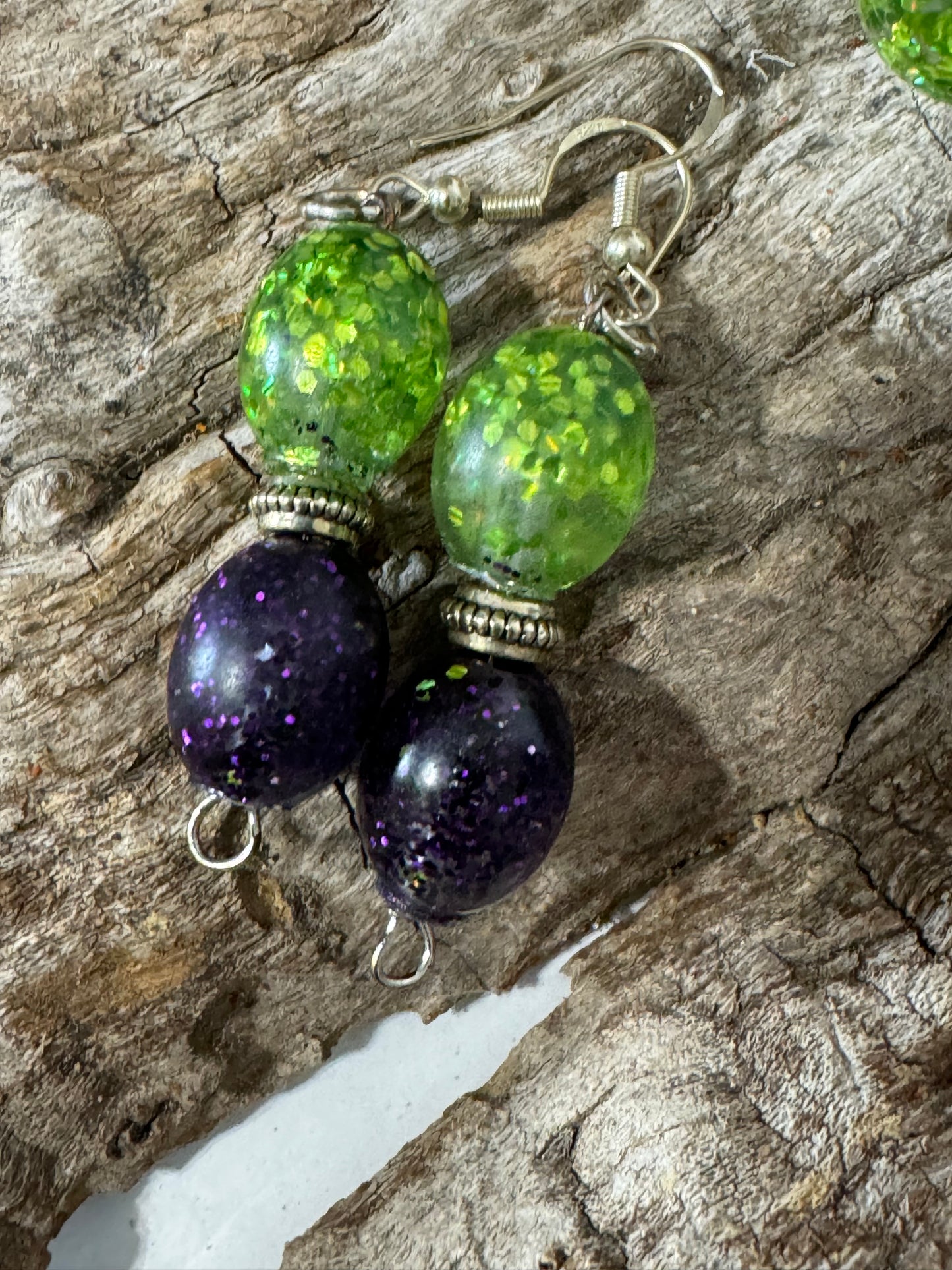 Purple and Green Resin and Glitter Bracelet and Dangle Earring Set