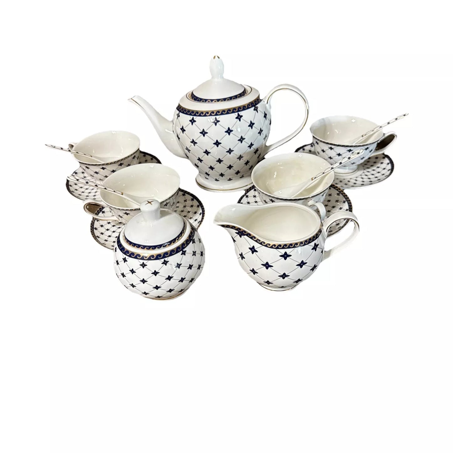 Vintage Porlein Steven & Won Royal Blue and White with Gold Trim Tea Set Service of 4