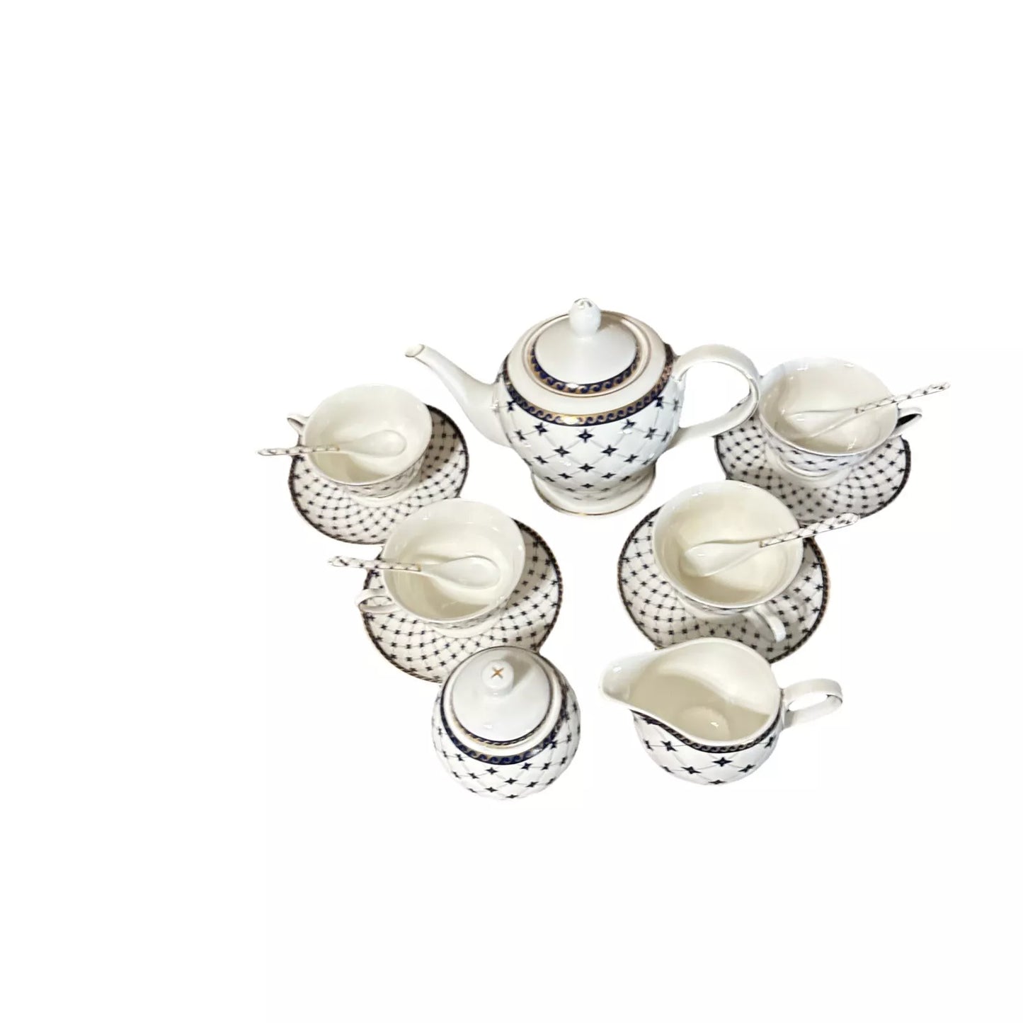 Vintage Porlein Steven & Won Royal Blue and White with Gold Trim Tea Set Service of 4