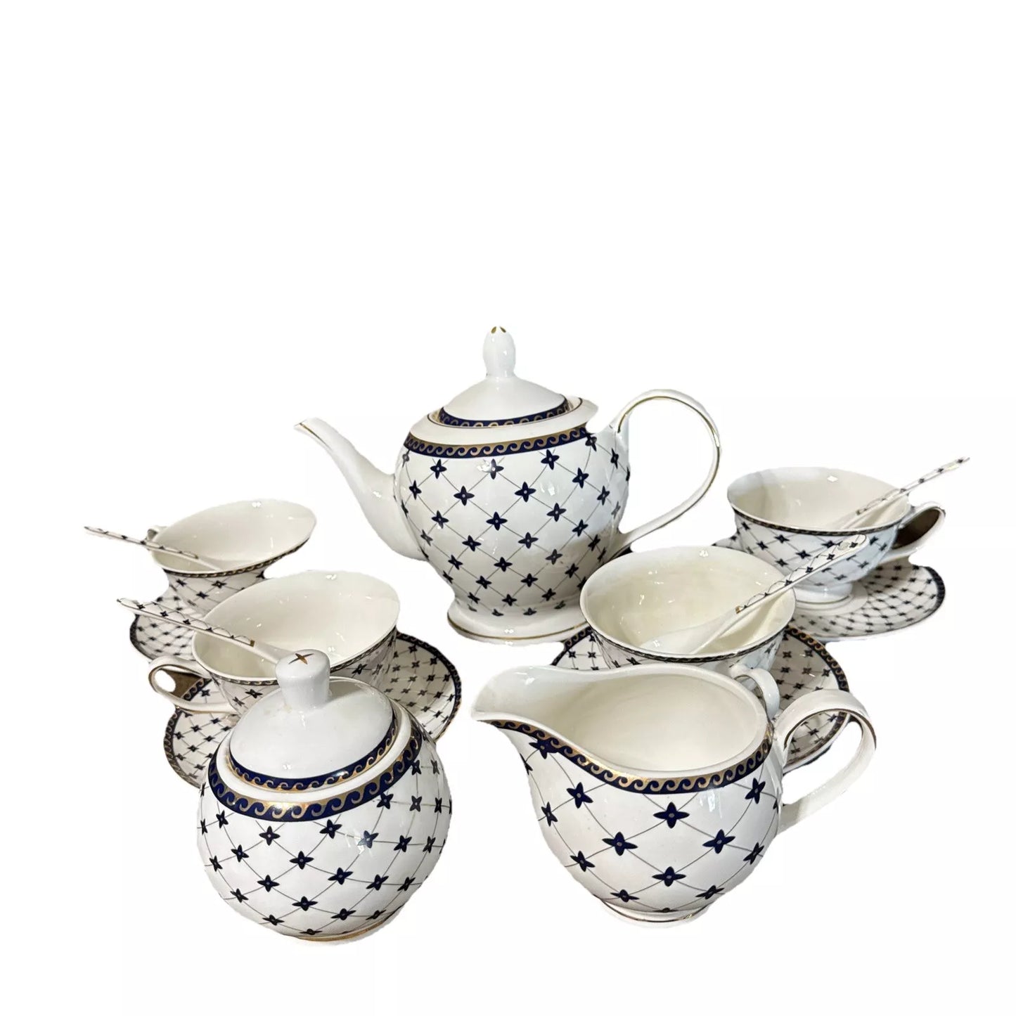 Vintage Porlein Steven & Won Royal Blue and White with Gold Trim Tea Set Service of 4