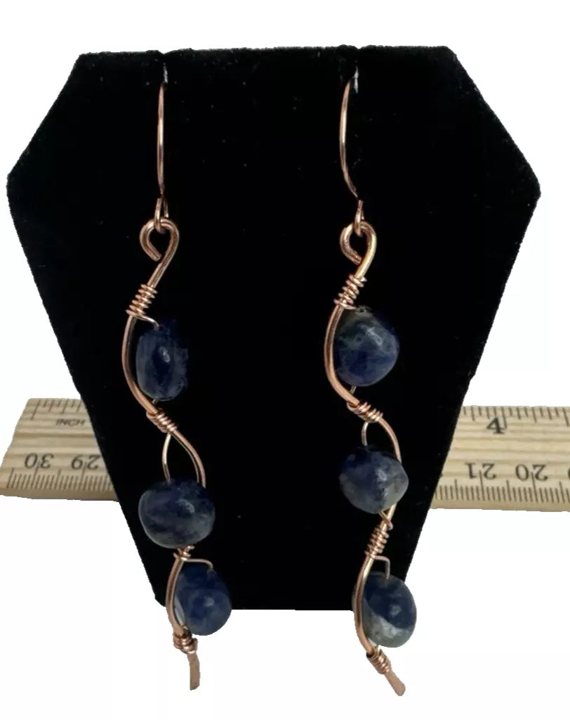 Copper Wave Dangle Earrings with Blue Sodalite Beads The Wave