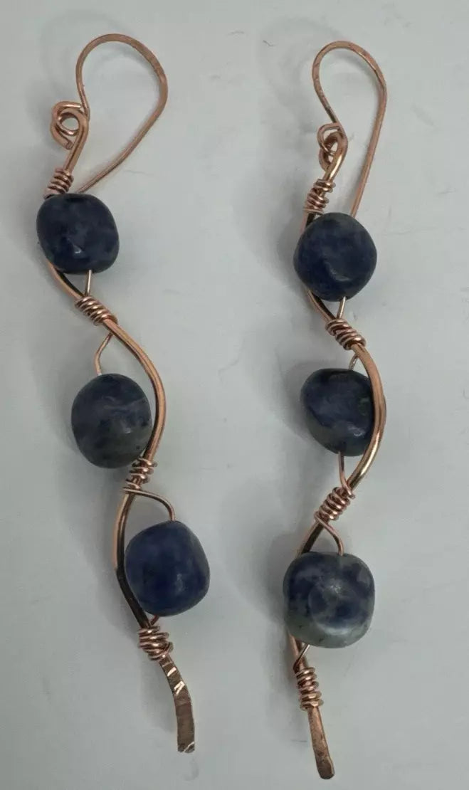 Copper Wave Dangle Earrings with Blue Sodalite Beads The Wave