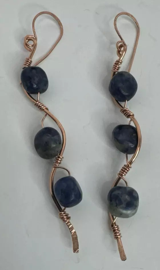 Copper Wave Dangle Earrings with Blue Sodalite Beads The Wave