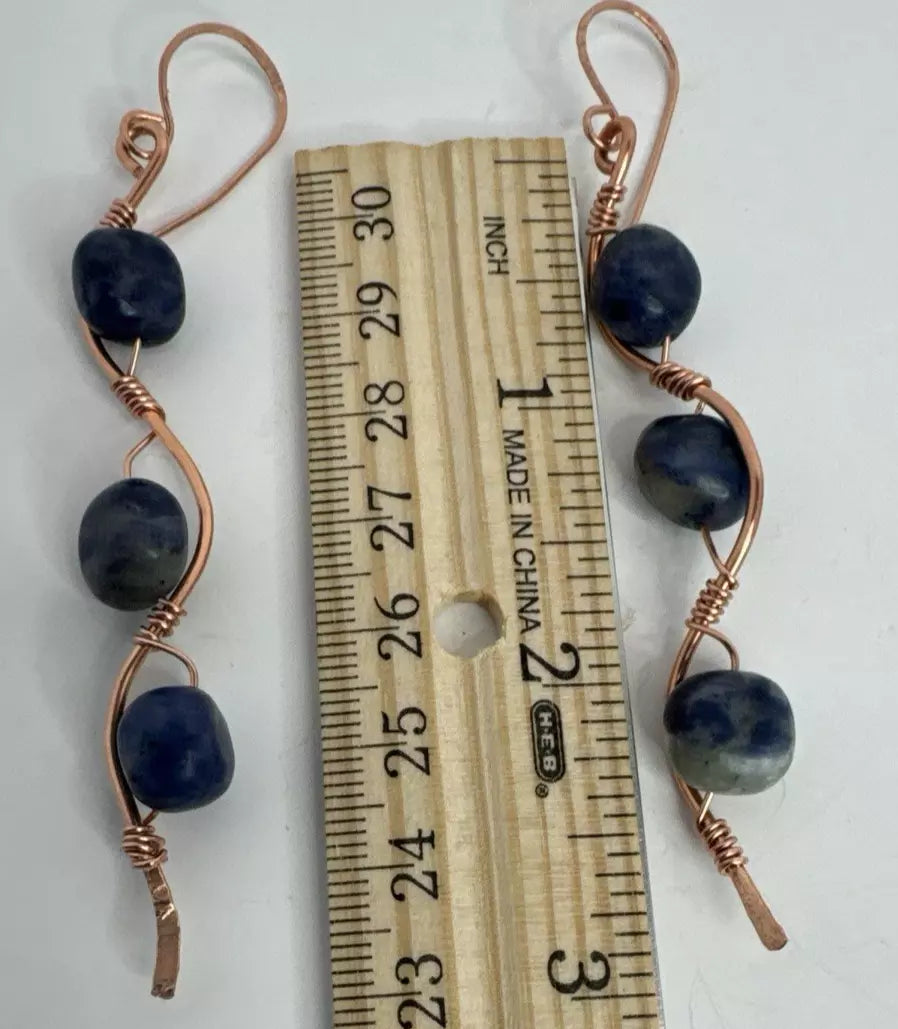 Copper Wave Dangle Earrings with Blue Sodalite Beads The Wave