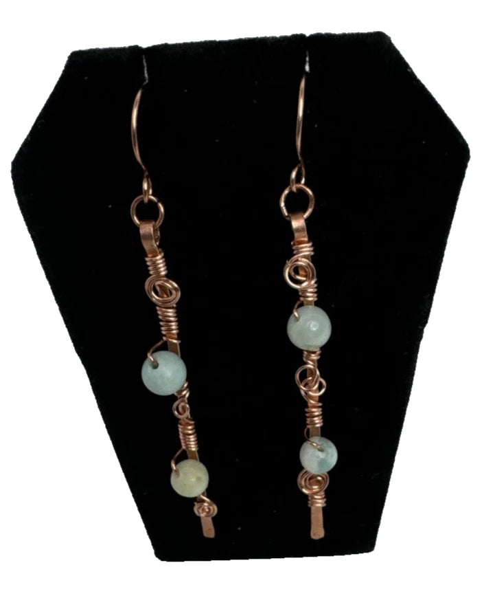 Artisan Crafted Hammered Copper And With Wrapped Amazonite Dangle Earrings Handmade