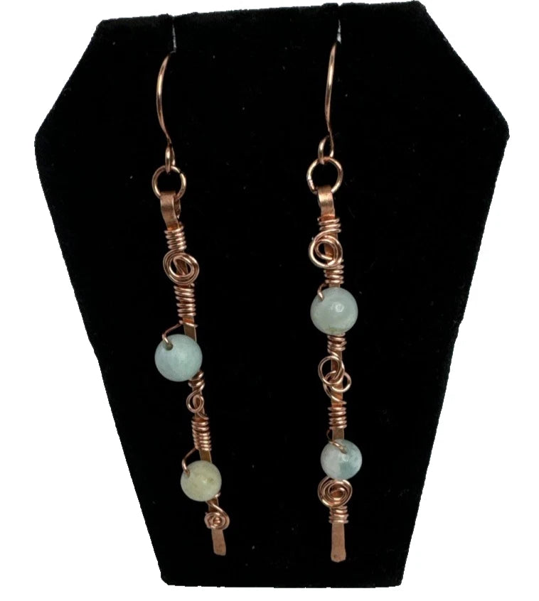 Artisan Crafted Hammered Copper And With Wrapped Amazonite Dangle Earrings Handmade
