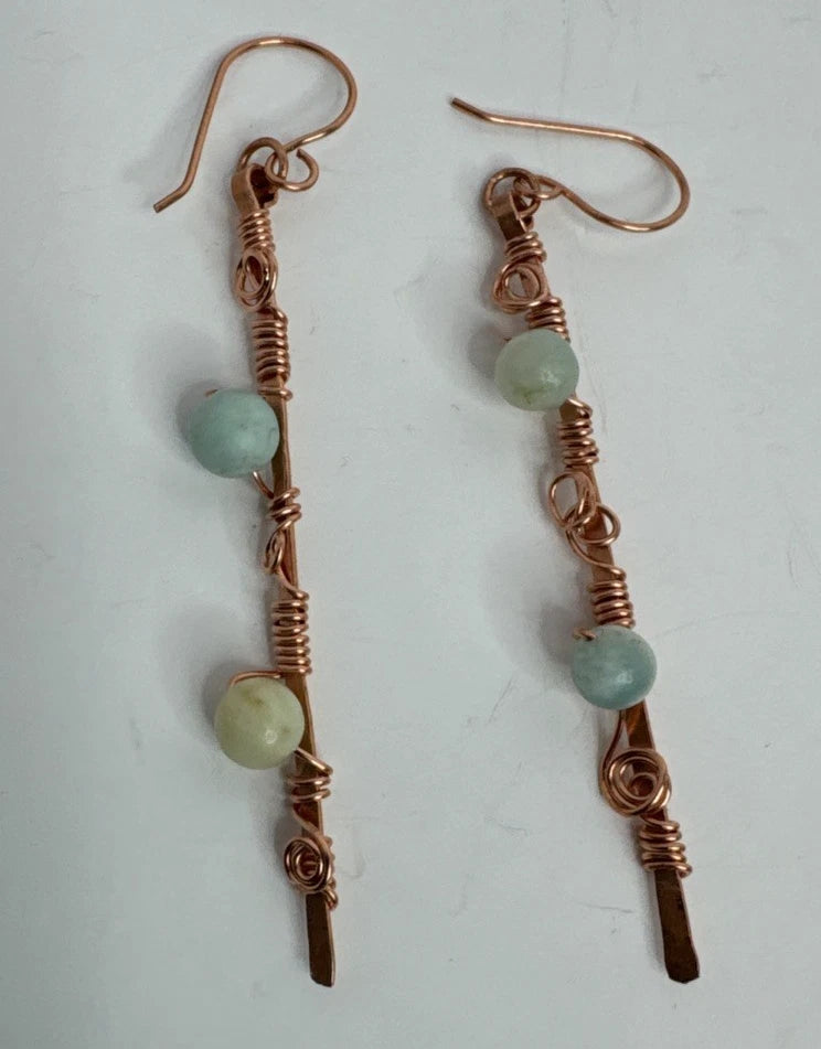 Artisan Crafted Hammered Copper And With Wrapped Amazonite Dangle Earrings Handmade