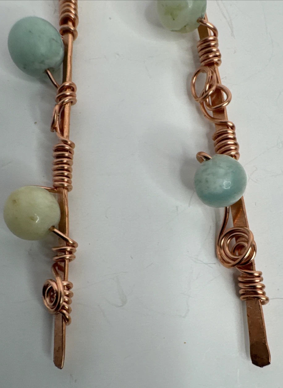 Artisan Crafted Hammered Copper And With Wrapped Amazonite Dangle Earrings Handmade