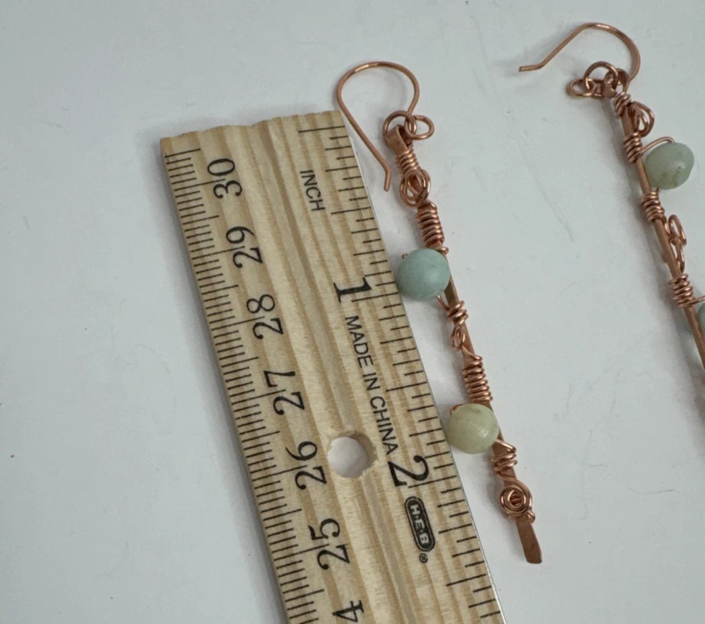 Artisan Crafted Hammered Copper And With Wrapped Amazonite Dangle Earrings Handmade