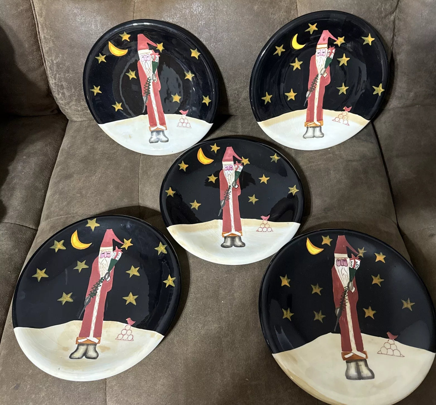 CERTIFIED INTERNATIONAL MIDNIGHT SANTA Moon and Stars Dessert Plate Set of 5