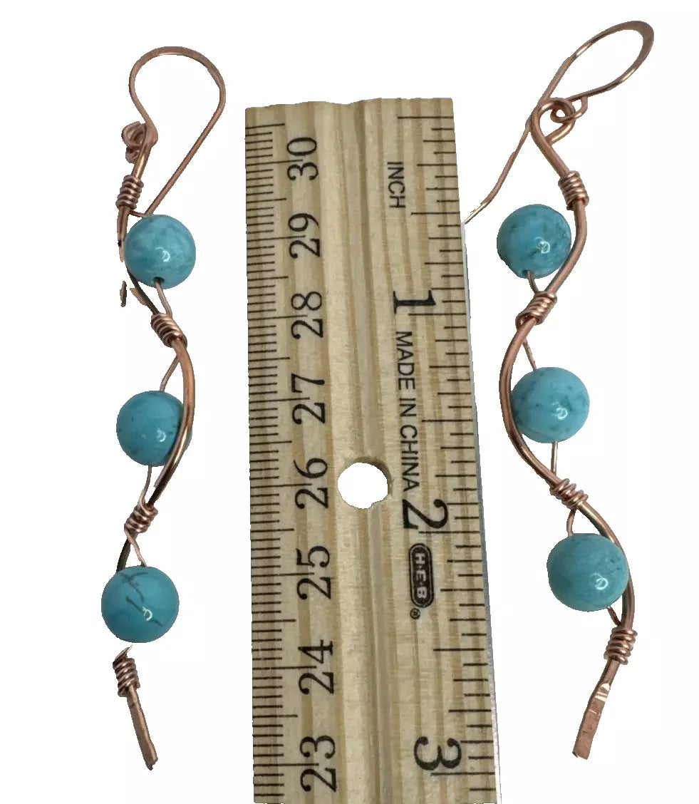 Copper Wave Dangle Earrings With Turquoise Beads And French Hook