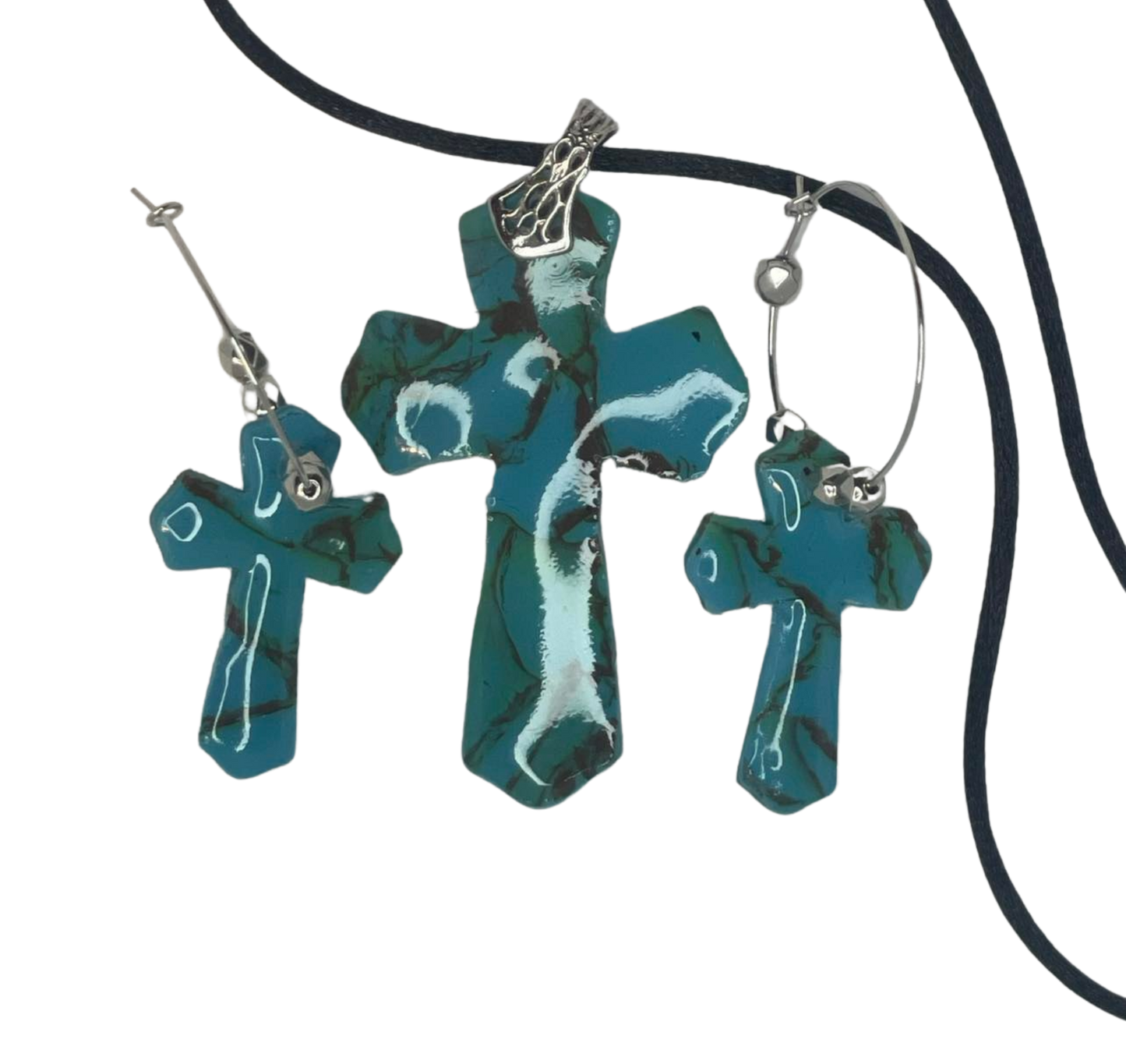 Turquiose Inspired Polymer Clay Cross Necklace and Hoop Earrings