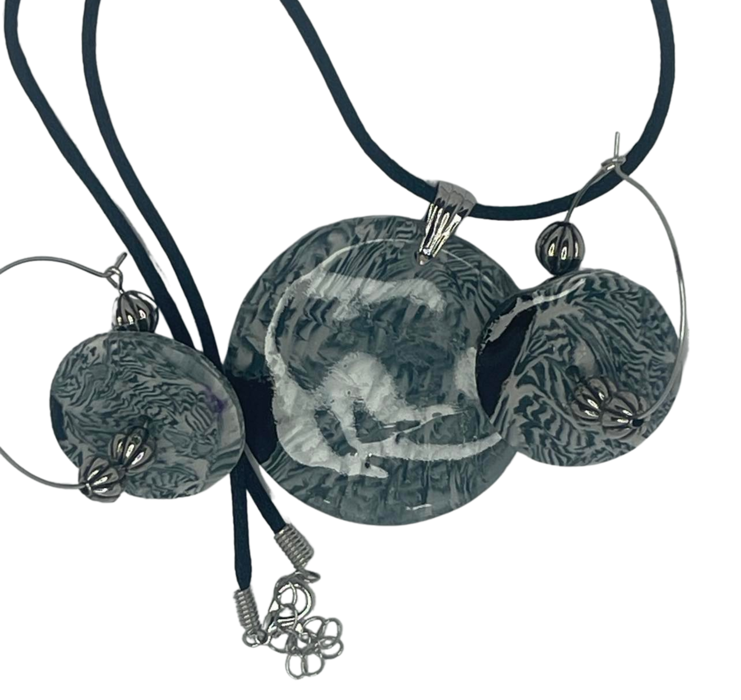 Black and White Polymer Clay Round Necklace and Hoop Earrings