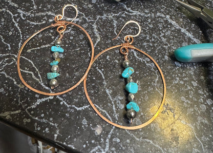 Hammered Copper Earrings with Turquoise Chips and Silver Sphere Accents
