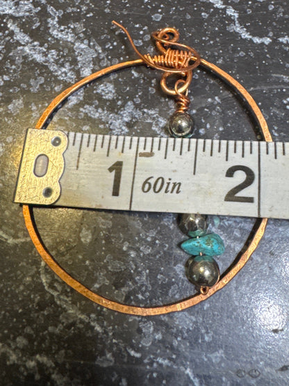 Hammered Copper Earrings with Turquoise Chips and Silver Sphere Accents