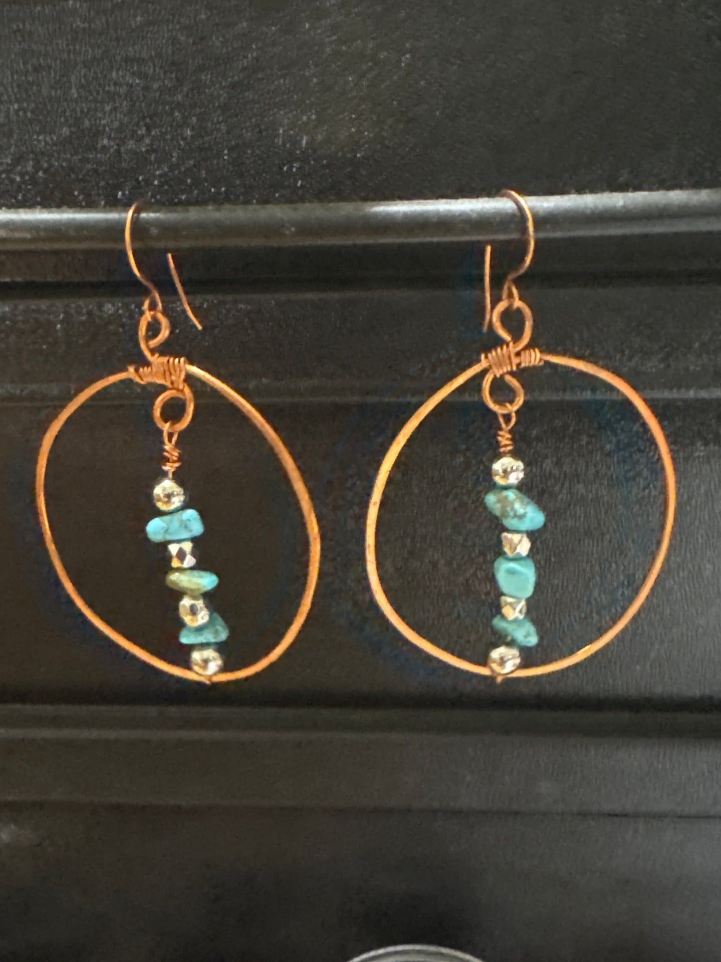 Hammered Copper Earrings with Turquoise Chips and Silver Sphere Accents