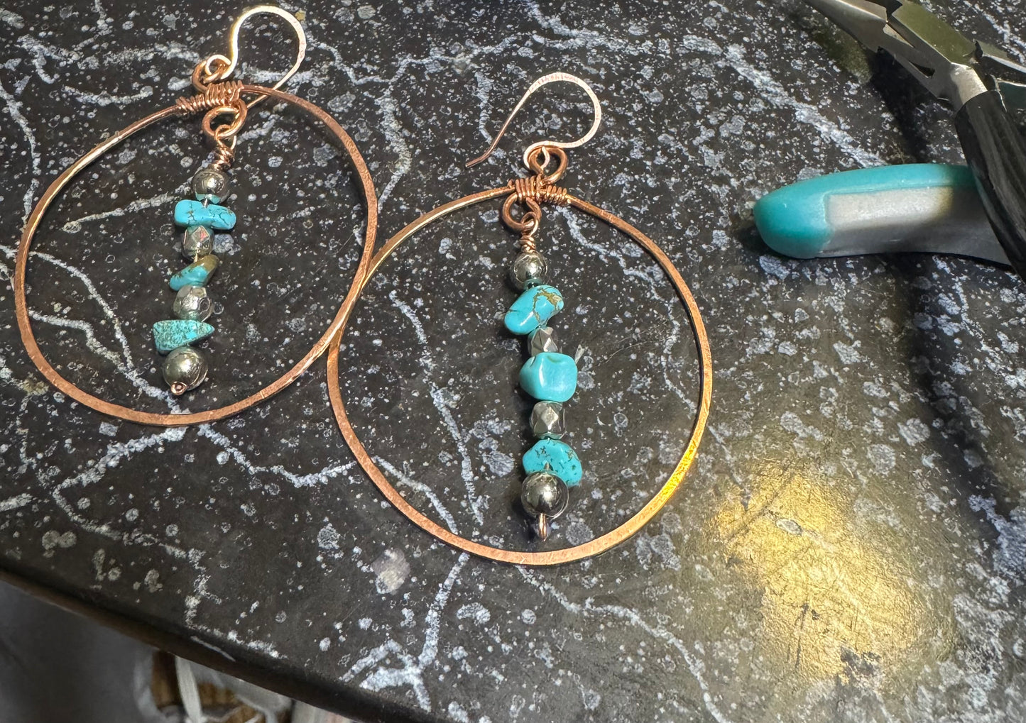 Hammered Copper Earrings with Turquoise Chips and Silver Sphere Accents