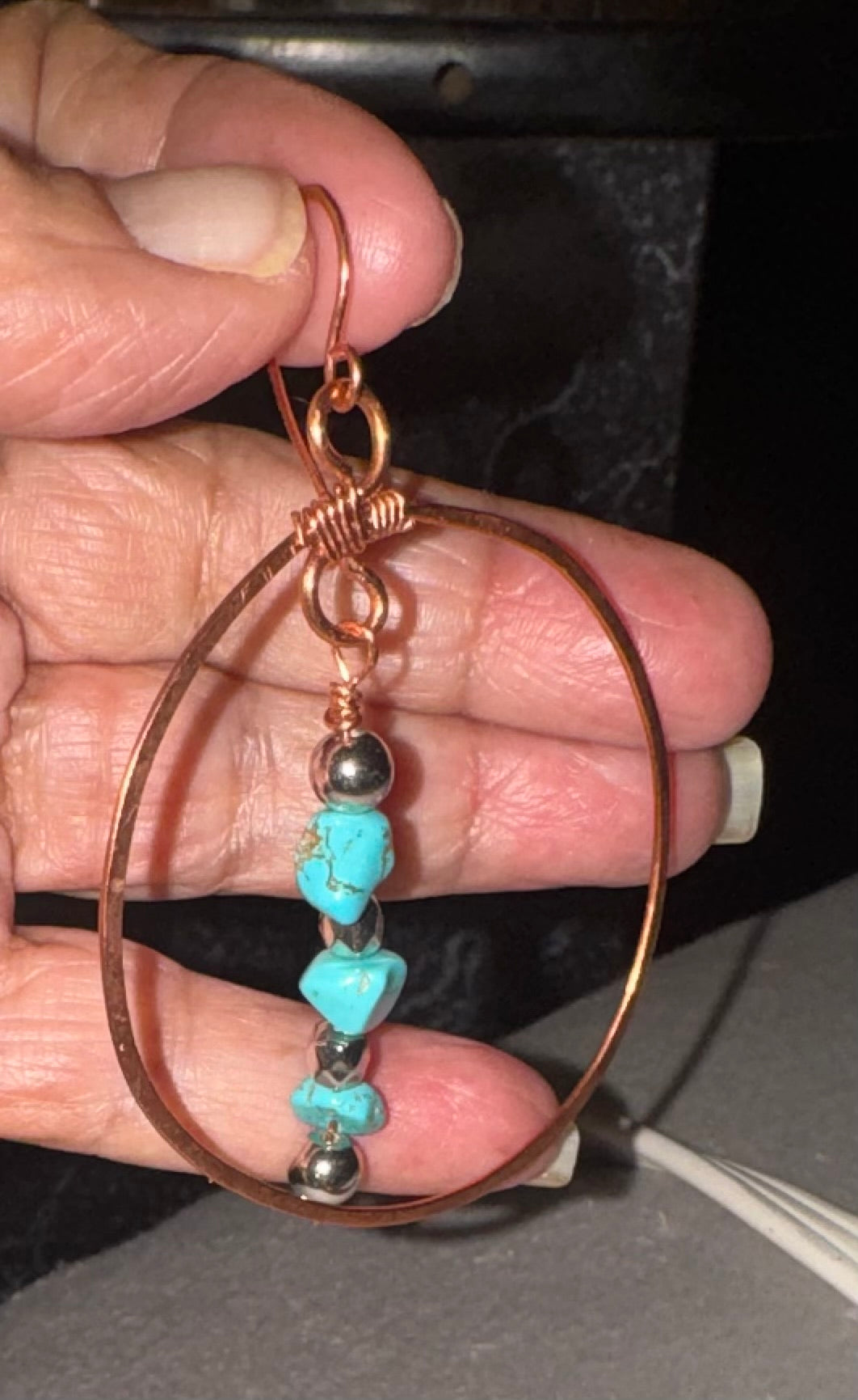 Hammered Copper Earrings with Turquoise Chips and Silver Sphere Accents