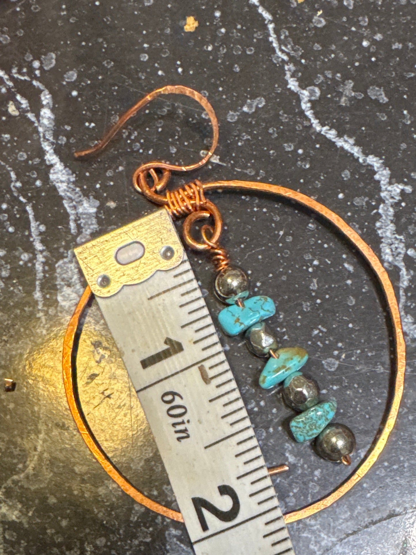 Hammered Copper Earrings with Turquoise Chips and Silver Sphere Accents
