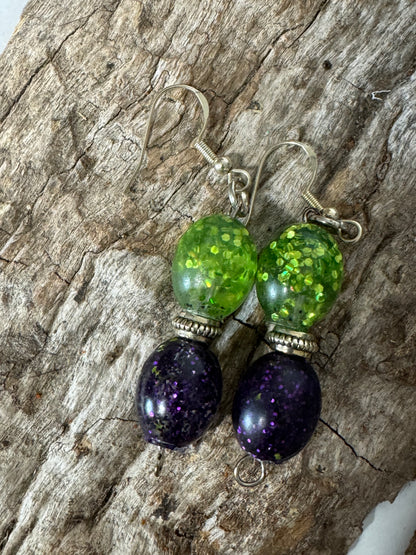 Purple and Green resin and glitter bracelet and dangle earring set