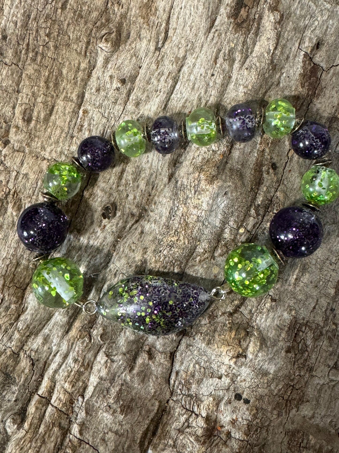 Purple and Green resin and glitter bracelet and dangle earring set