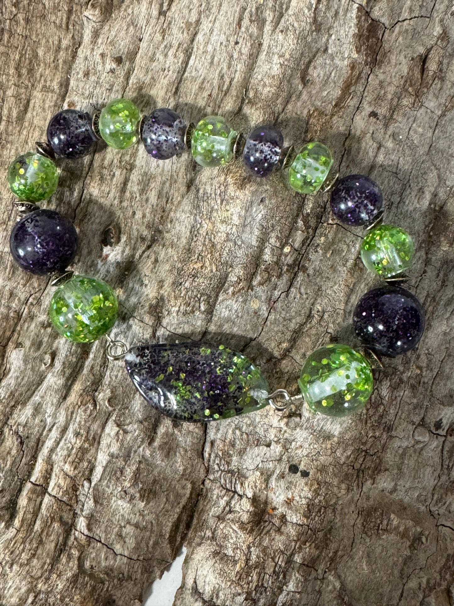 Purple and Green resin and glitter bracelet and dangle earring set