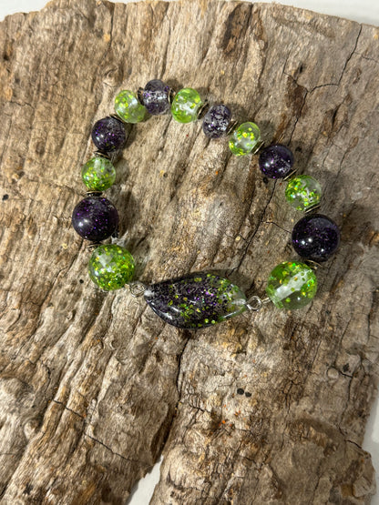 Purple and Green resin and glitter bracelet and dangle earring set