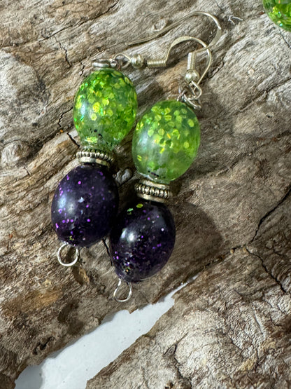 Purple and Green resin and glitter bracelet and dangle earring set