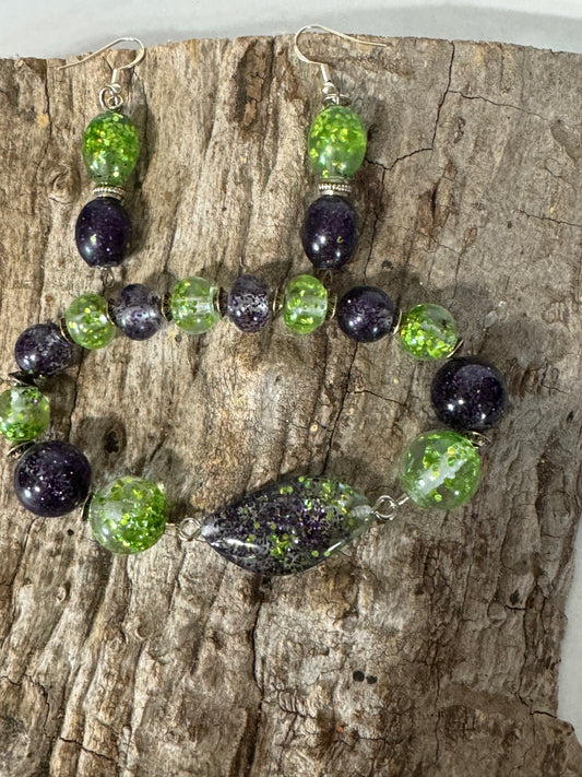 Purple and Green resin and glitter bracelet and dangle earring set