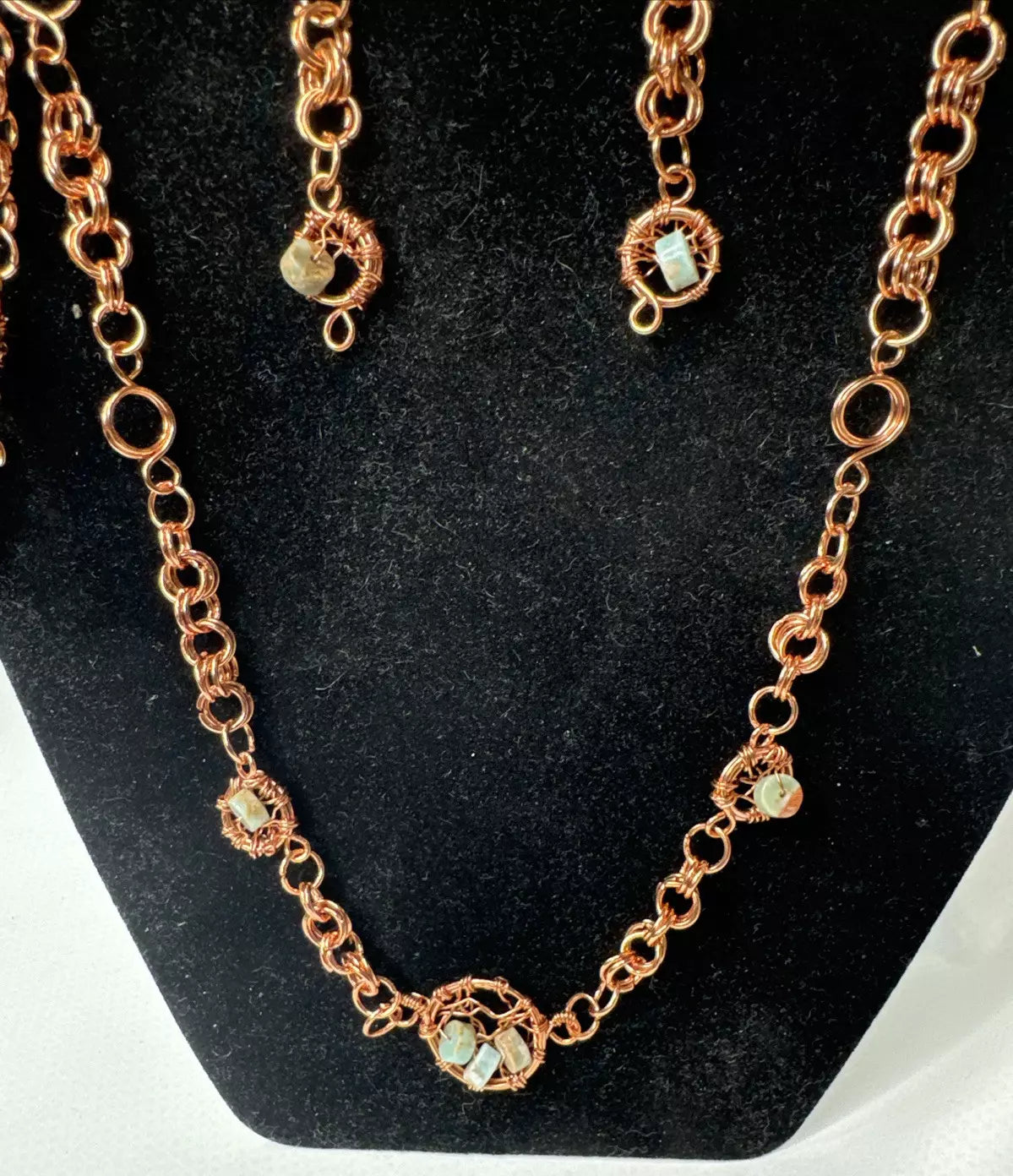 Copper Wire Necklace Earrings And Bracelet Set With Dyed Jasper HandMade