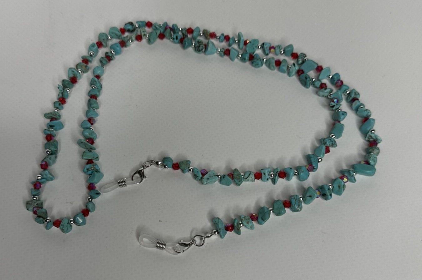 Eyeglass Chains Turquoise and Red Glass Beads With Silver Color Spacer Beads