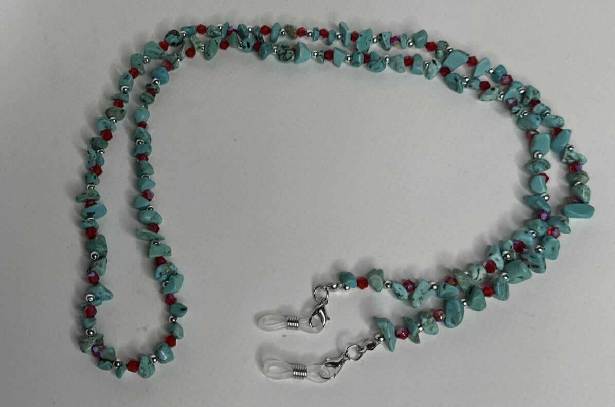 Eyeglass Chains Turquoise and Red Glass Beads With Silver Color Spacer Beads