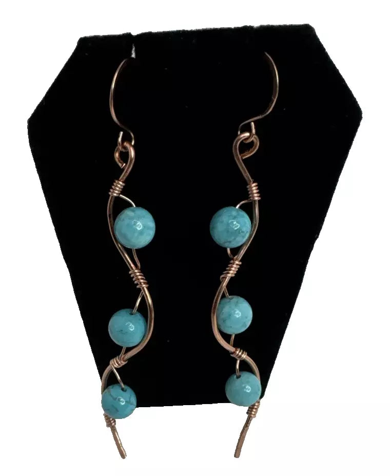 Copper Wave Dangle Earrings With Turquoise Beads And French Hook